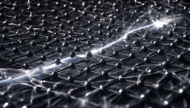 Close up of a dark metallic grid structure with spherical nodes connected by thin lines, illuminated by a bright streak of electric light