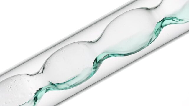 Detailed frame of cyan transparent fluid being poured and filling up inclined bulb lab condenser against a white background | Copper sulfate solution cosmetic composition concept