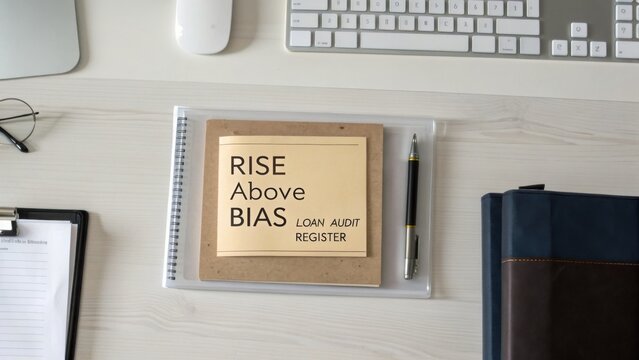 Rise Above Bias in Loan Audit Register with Notebook and Pen on Minimalist Desk with Keyboard and Glasses
