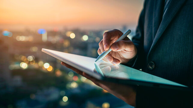 Professional Businessman Using Digital Tablet and Stylus Pen for Remote Work Against Cityscape Skyline at Sunset