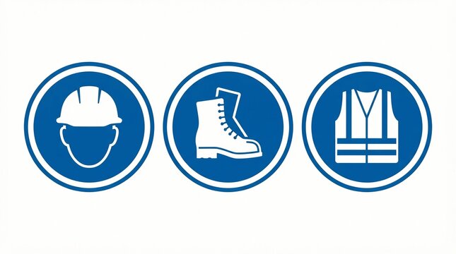 Mandatory personal protective equipment blue circular signs featuring white icons of a hard hat safety boot and high visibility vest for industrial construction site safety compliance