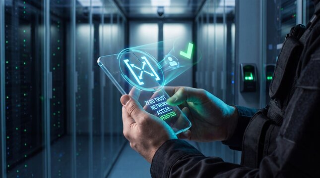 Security professional verifies zero trust network access on holographic smartphone in server room