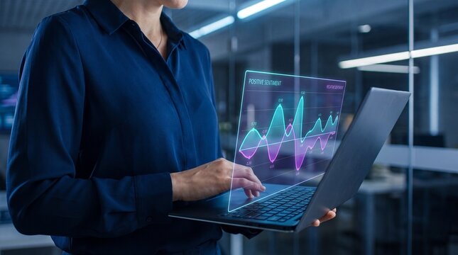 Communications director uses laptop with glowing holographic sentiment analysis interface