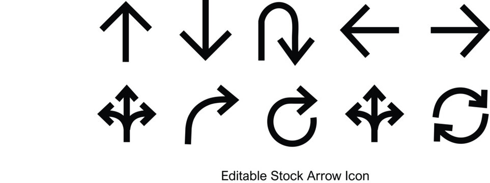 Editable line art black arrow icons for web and mobile interface navigation and direction design`
