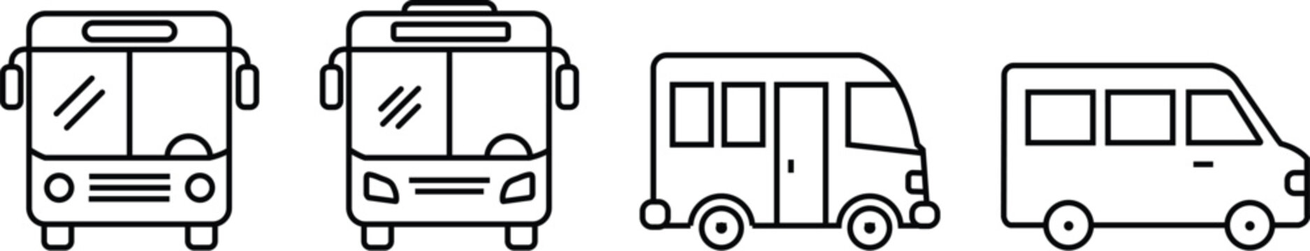 Black and white bus front and Side view van icons in outline style on transparent background