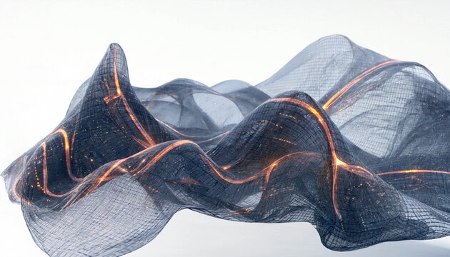 Wavy dark mesh fabric sculpture with glowing orange light veins running through the texture, abstract flowing white background