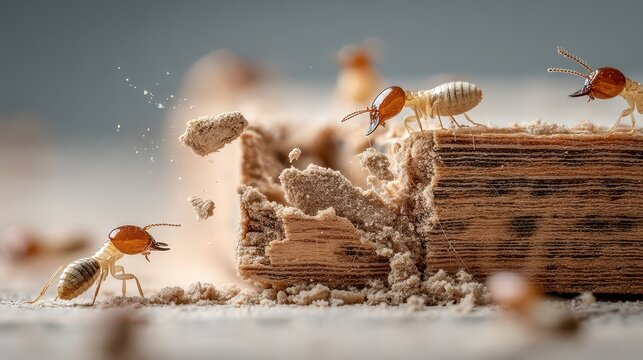 worker termites consuming piece of wood, Key indicators of a termite infestation include mud tubes on walls