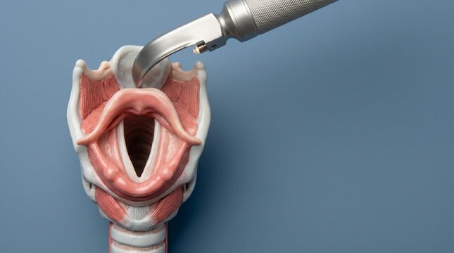 Close-up of a medical model demonstrating a surgical procedure on the larynx.