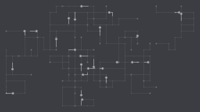Gray circuit board traces with light pulses running, digital seamless loop background