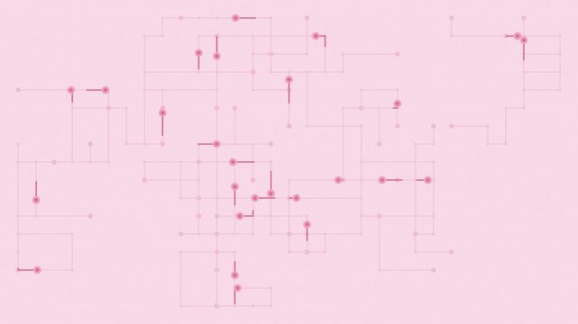 Pink circuit board traces with light pulses running, digital seamless loop background