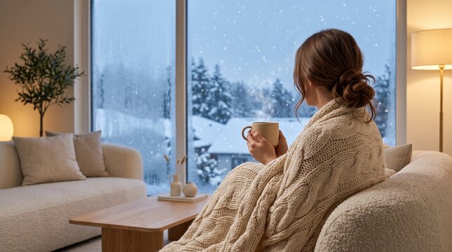 Young woman resting by the window with a warm drink and cozy knitted blanket watching the winter snowfall from her living room