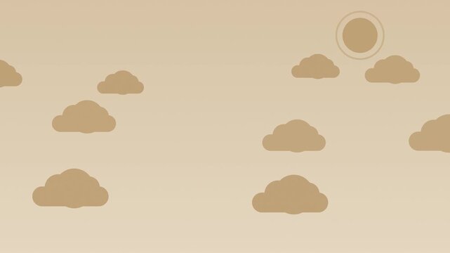 Beige flat cartoon sky with moving clouds and sun, cute seamless loop background