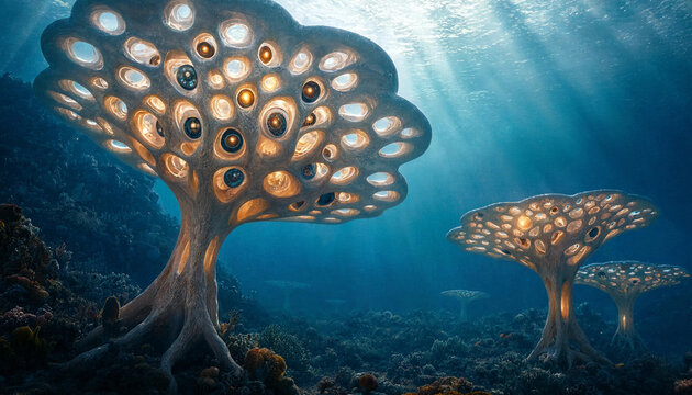 Bioluminescent organic tree-like structures with glowing porous canopies on a deep ocean floor, underwater fantasy landscape with light