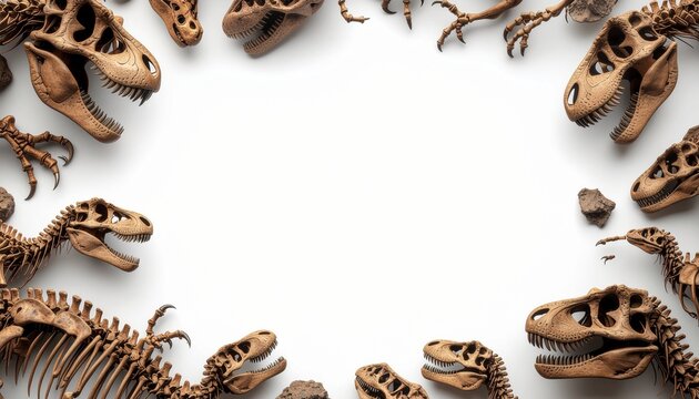 Collection of dinosaur skeletons displayed around a blank white space for text or design elements