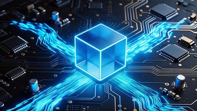 Circuit board with glowing cube