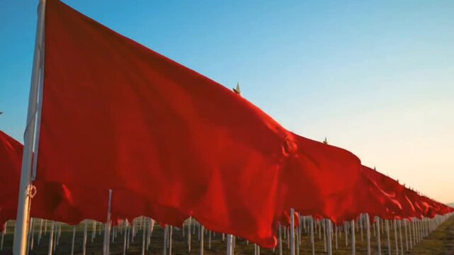 Row of red flags with golden stars fluttering in wind on clear sunny day, symbolizing revolution and patriotism, filmed with dynamic motion.