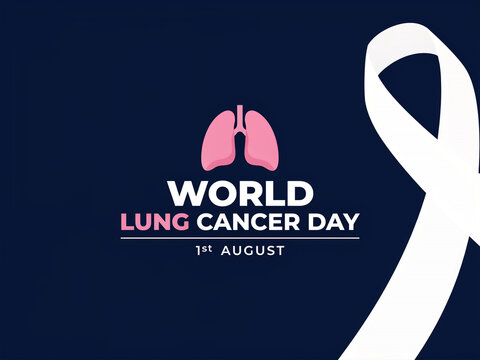 Minimalist graphic for world lung cancer day featuring white awareness ribbon and pink lungs on dark navy background awareness pulmonary respiratory oncology prevention