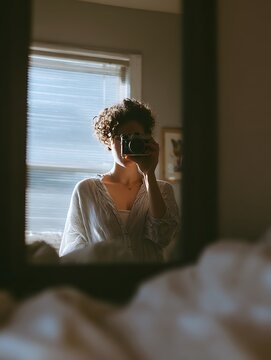 Woman taking a mirror selfie with a camera, capturing a moment of self-reflection.