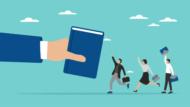 Giant book offered to eager business people running towards opportunity