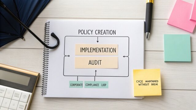 Visual Representation of Policy Creation Process, Implementation, and Audit with Stationery Items on Wooden Background