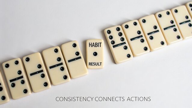 White dominoes arranged in a line with the words habit and result emphasizing the connection of consistency in actions