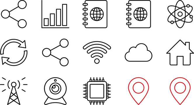 Internet technology and computer network line vector icon set with wifi cloud microchip webcam location pin and atom