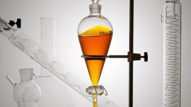 Close-up of a separatory funnel slowly swirled containing transparent orange fluid causing it to wave along the inner walls against curved grey backdrop | Orange hydrosol cosmetic composition concept