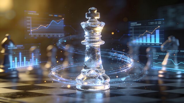 Strategic Chess Piece with Data Visualization on a Chessboard.