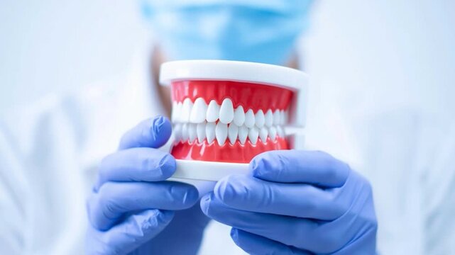 Dental model with white teeth held by gloved hands in medical setting showing oral health care and education for dental professionals
