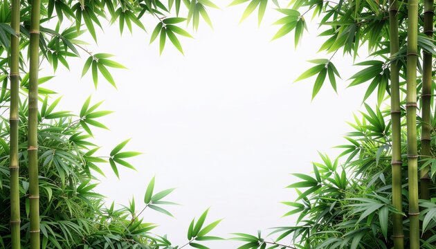 Lush green bamboo stalks and leaves naturally frame a bright white background, creating a serene border for peaceful and refreshing design concepts