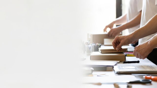 Warehouse workers packing boxes as a visual concept for e-commerce logistics, shipping operations, order fulfillment and online retail business promotion.