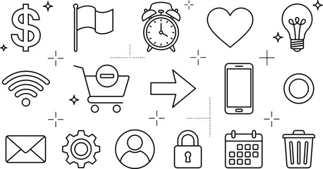 Business and interface line art icon set featuring dollar flag alarm clock heart lightbulb shopping cart and wifi © Hafizul