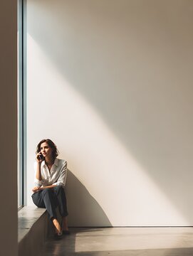 Thoughtful woman on phone, bathed in natural light, contemplating.