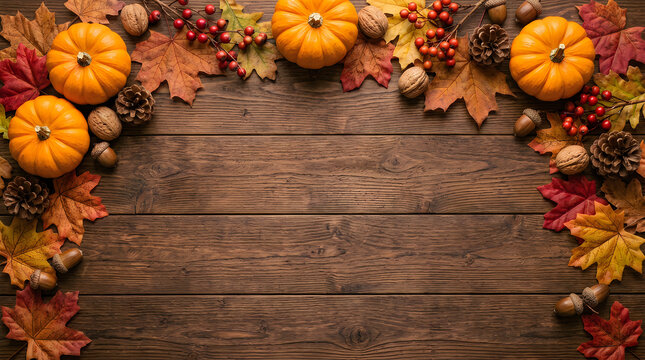 Small orange pumpkins and colorful autumn leaves on a rustic dark wooden table background