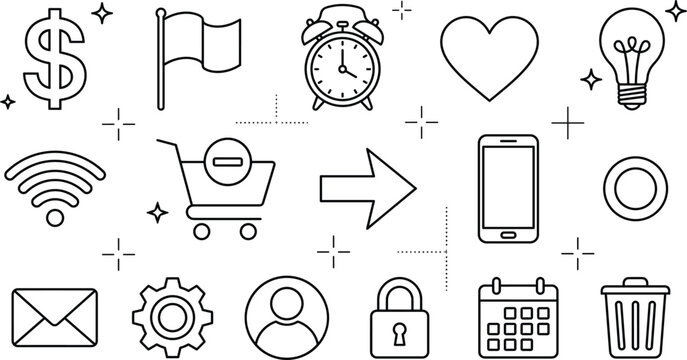 Business and interface line art icon set featuring dollar flag alarm clock heart lightbulb shopping cart and wifi