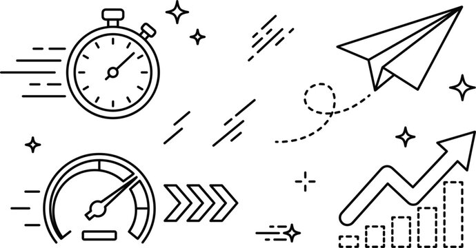 Business growth and speed line art icon set featuring stopwatch paper airplane speedometer gauge and rising arrow chart