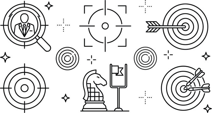 Business strategy and targeting line vector icon set with target board arrow crosshair chess knight and magnifying glass