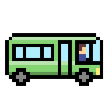 8 bit Pixel art of a green city bus with driver