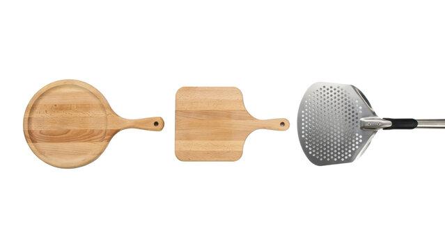 Set of kitchen tools featuring a round wooden pizza peel, a square wooden pizza board, and a perforated metal pizza peel with a black handle