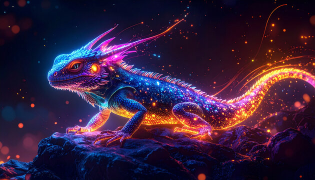 Neon glowing lizard with magic sparks on dark background
