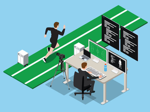sports science laboratory with an athlete running on a green track while a researcher analyzes biomechanics data on computers 3d isometric vector illustration