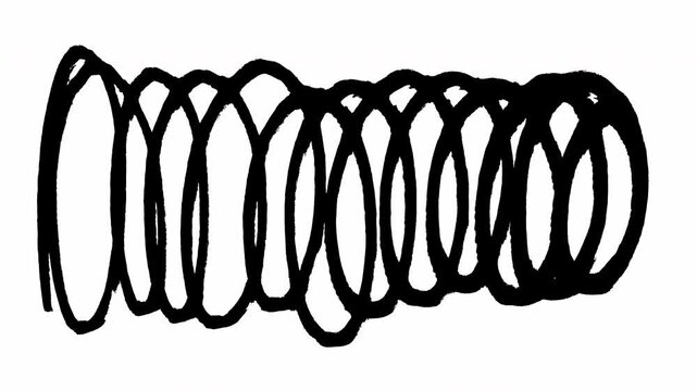 Isolated Black Hand Drawn Animated Spiral Spring Coil Doodle Loop Overlay. 4K Video