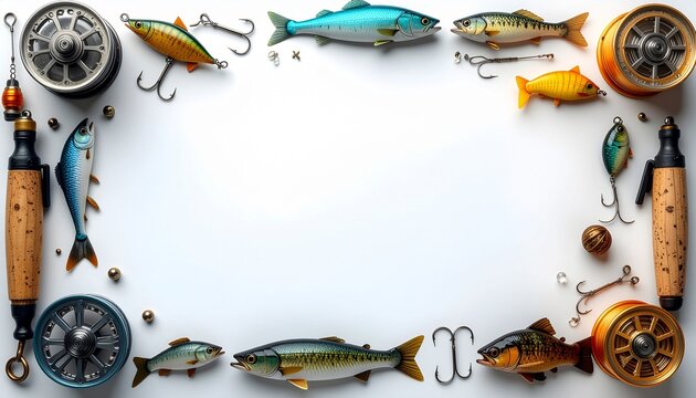 Professional fishing reels and colorful artificial lures arranged as a decorative border on white background