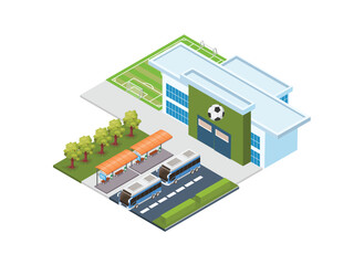 Obraz premium Football Club Stadium and Training Academy Building with Bus Station 3d isometric vector illustration