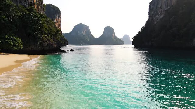 Sea water washing a beautiful sandy beach in Maya Bay, Thailand, crystal-clear turquoise waves gently lapping onto pristine white sand
