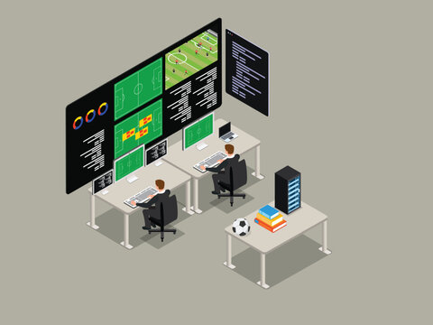Football Performance Analysis and Live Match Data Tracking Control Room 3d isometric vector illustration