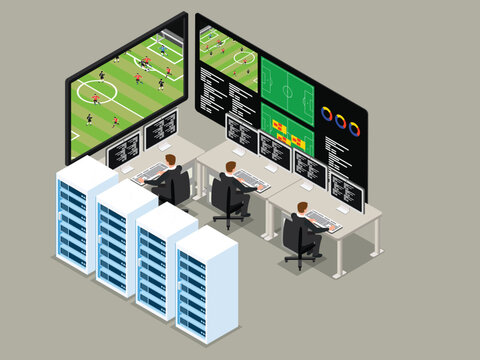 Football Analytics Control Room with Data Analysts Monitoring Soccer Match 3d isometric vector illustration