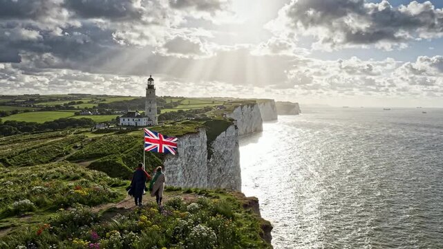 Couple standing on white cliffs of dover with uk flag and lighthouse at sunset, scenic british coastal landscape and travel destination