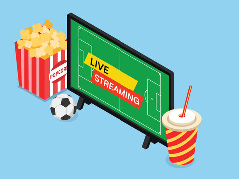 Football Live Streaming Television Screen with Popcorn and Soda Drink 3d isometric vector illustration