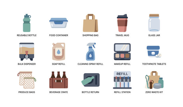 Reusable containers and refill items arranged on white background